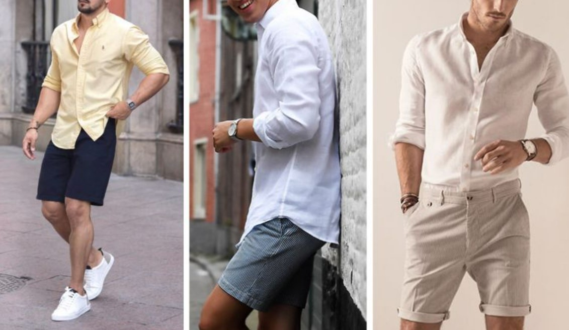 Áo sơ mi dài tay kết hợp quần short trơn màu