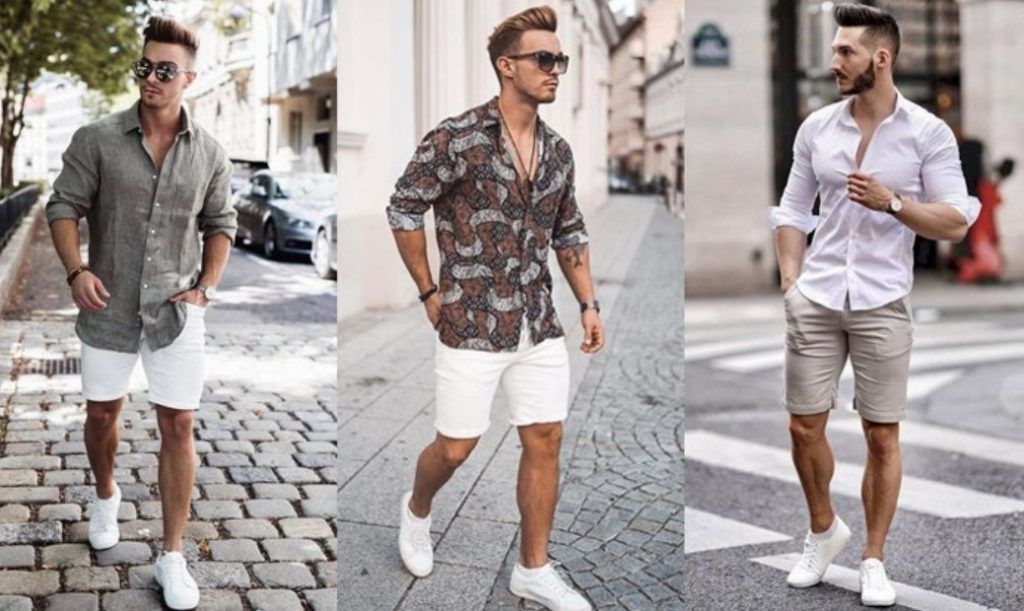 Phối đồ đi biển nam với áo hoa đi biển và quần đùi trơn